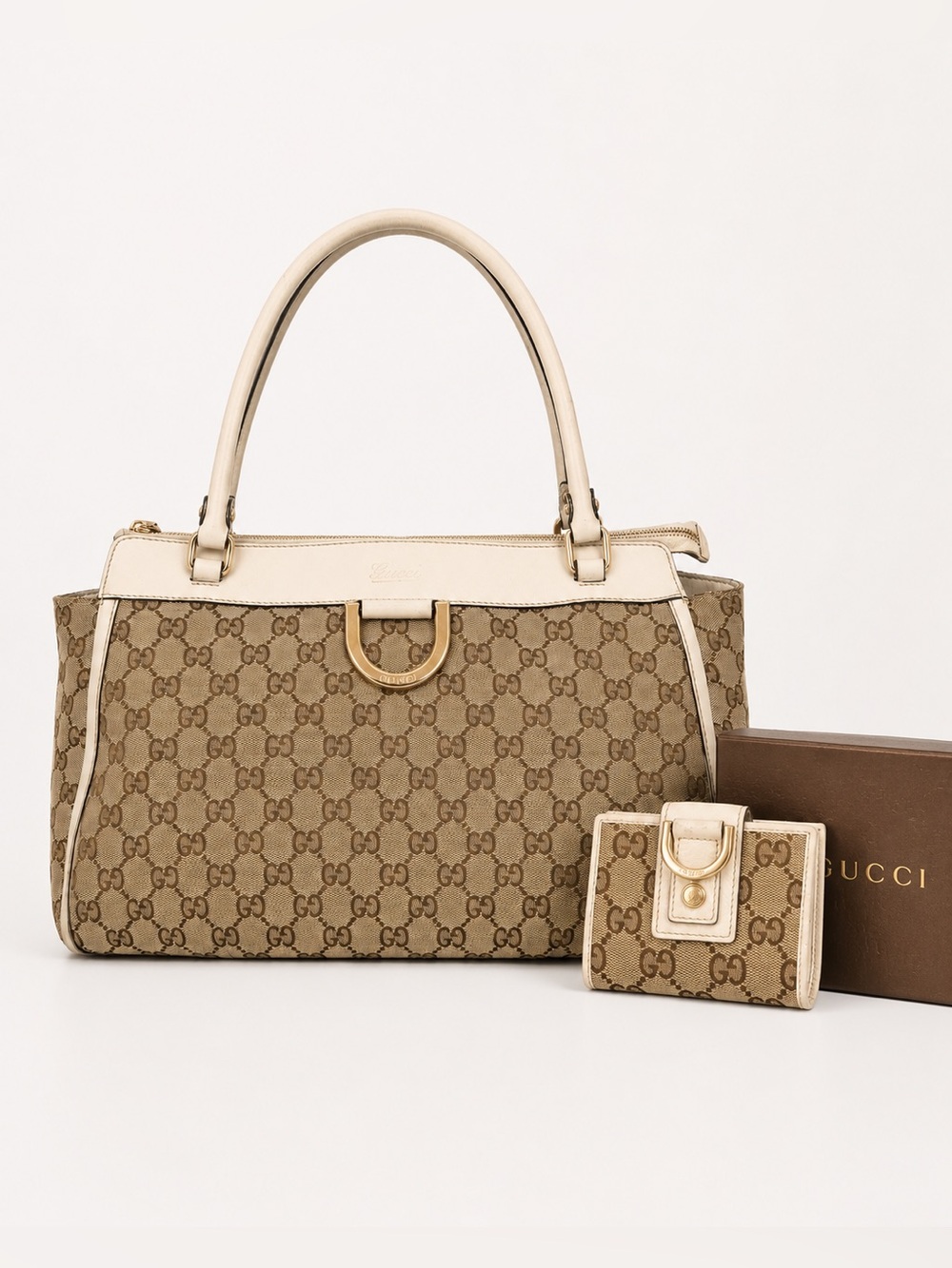 Authentic Gucci Abbey D-Ring GG Canvas Shoulder w Matching Wallet